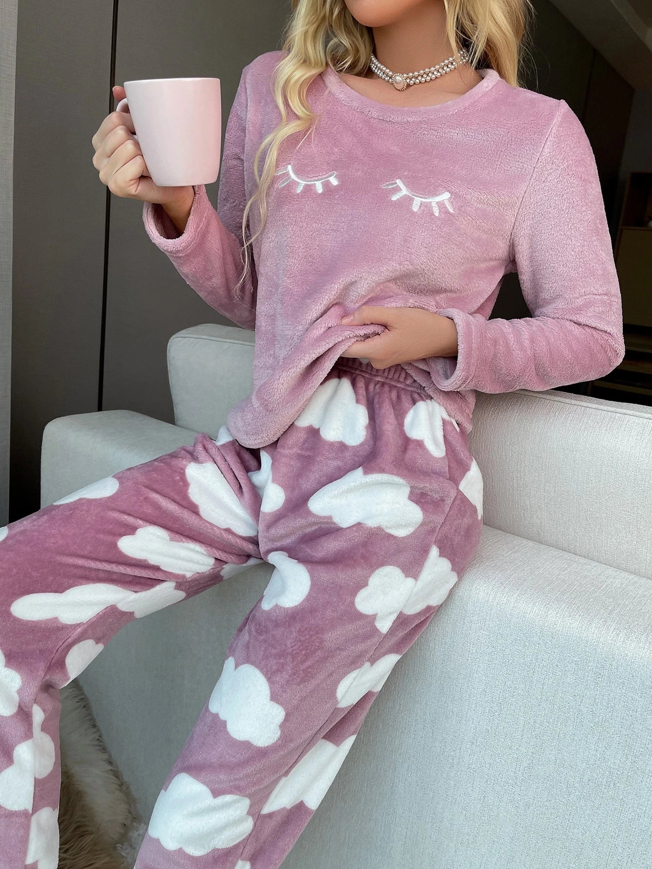 Eyelash Embroidered Clouds Pattern Flannel PJ Set / Fluffy Pajama Set Holiday Season, Fall Winter Clothes, Cozy