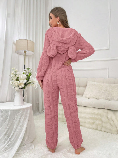 Plus Size Women Front Zipper Solid Color Long Sleeve Hooded Sleepwear Jumpsuit, for Fall Winter, Fluffy, Cozy