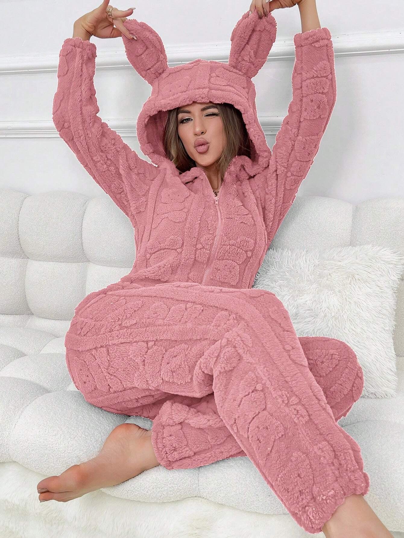 Plus Size Women Front Zipper Solid Color Long Sleeve Hooded Sleepwear Jumpsuit, for Fall Winter, Fluffy, Cozy