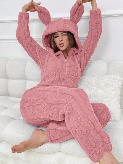 Plus Size Women Front Zipper Solid Color Long Sleeve Hooded Sleepwear Jumpsuit, for Fall Winter, Fluffy, Cozy