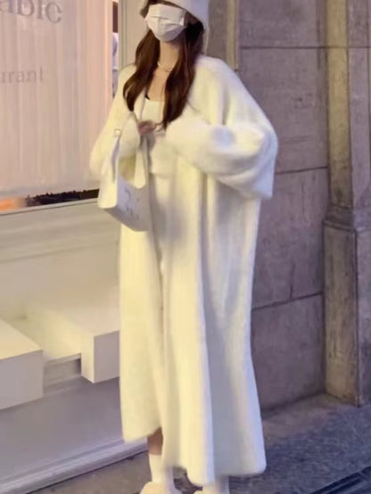 Autumn/Winter Lazy Style Warm Knee Length Thickened Women Cardigan Pure Imitation Mink Fleece Knitted Sweater Women's Coat