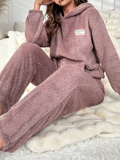 Slogan Patched Pocket Drop Shoulder Flannel Hoodie & Pants Lounge Set Outfit Cozy and Elegant Details, Fall Winter Clothes, Fluffy Pajama