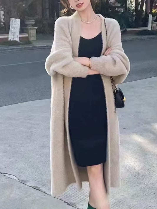 Autumn/Winter Lazy Style Warm Knee Length Thickened Women Cardigan Pure Imitation Mink Fleece Knitted Sweater Women's Coat