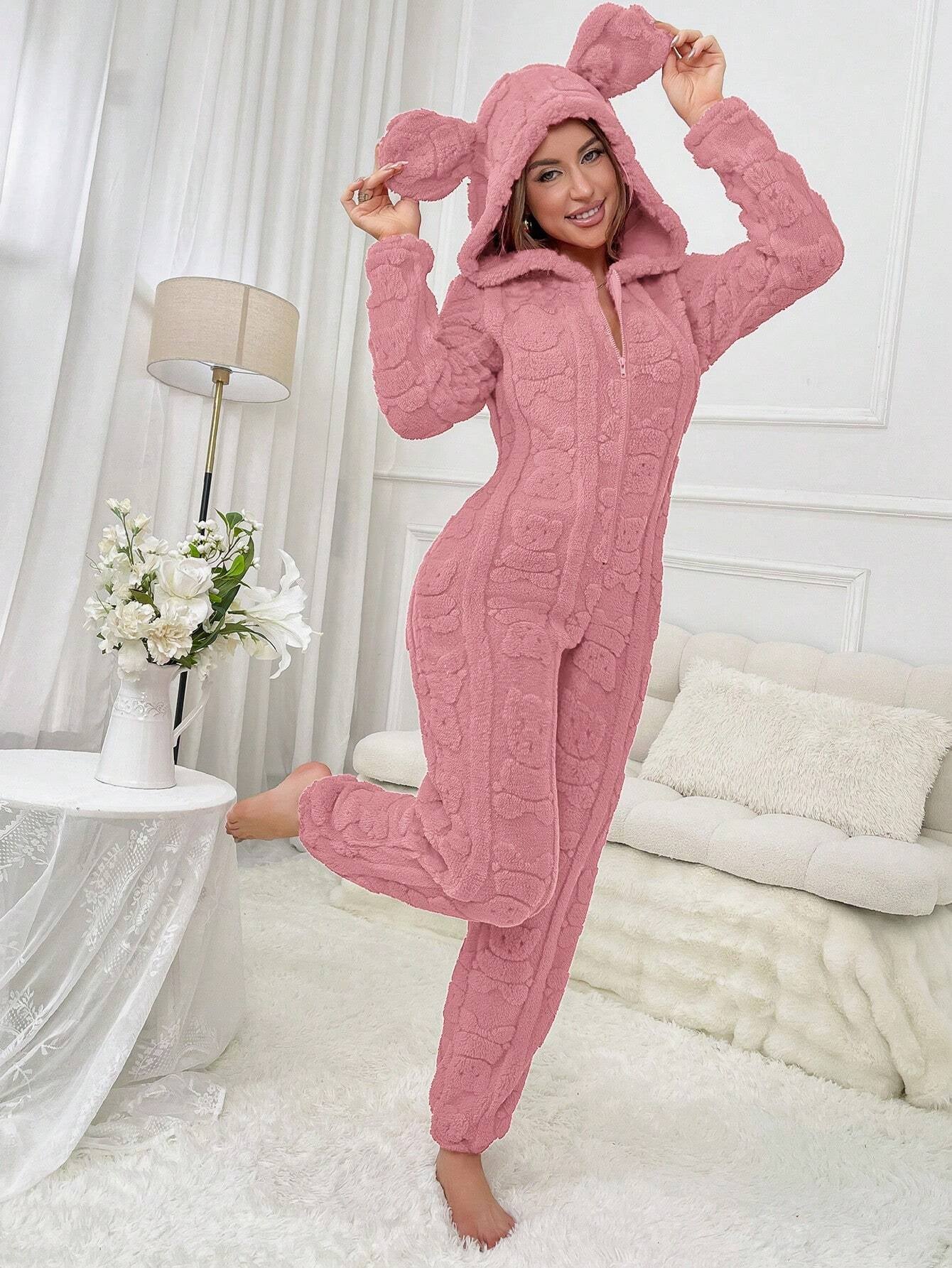 Plus Size Women Front Zipper Solid Color Long Sleeve Hooded Sleepwear Jumpsuit, for Fall Winter, Fluffy, Cozy