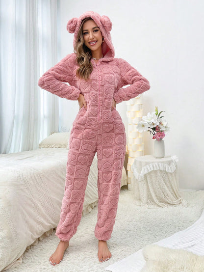 3D Ear Design Hooded Zipper Front Flannel Sleep Jumpsuit, for Fall Winter, Cozy Outfit, Fluffy