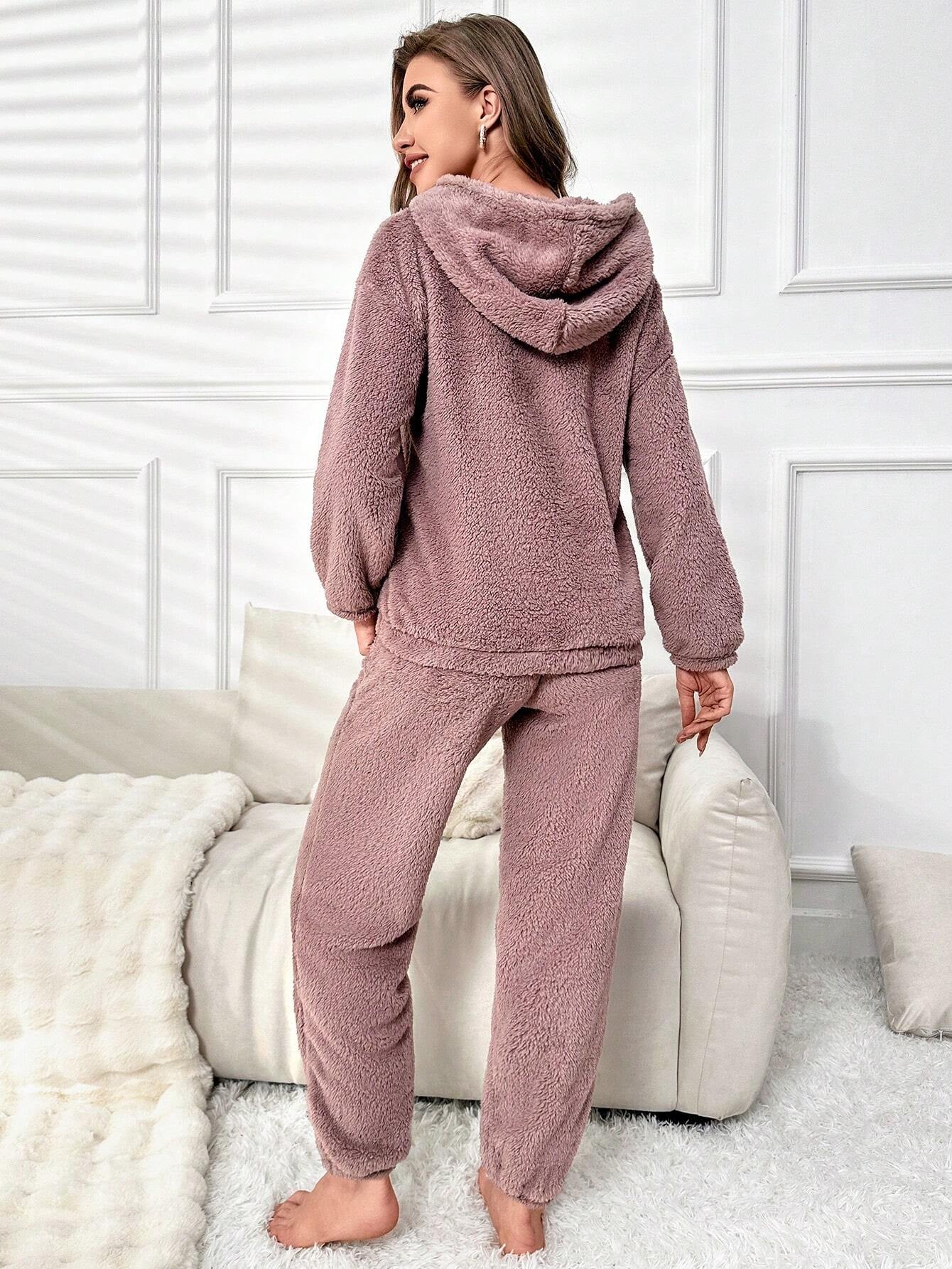 Slogan Patched Pocket Drop Shoulder Flannel Hoodie & Pants Lounge Set Outfit Cozy and Elegant Details, Fall Winter Clothes, Fluffy Pajama