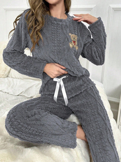 Women Cartoon Bear Embroidered Jacquard Fleece Sleepwear Pajama Set Includes Long Sleeve Top & Pants, Fall Winter Clothes, Fluffy Pajama, Cozy