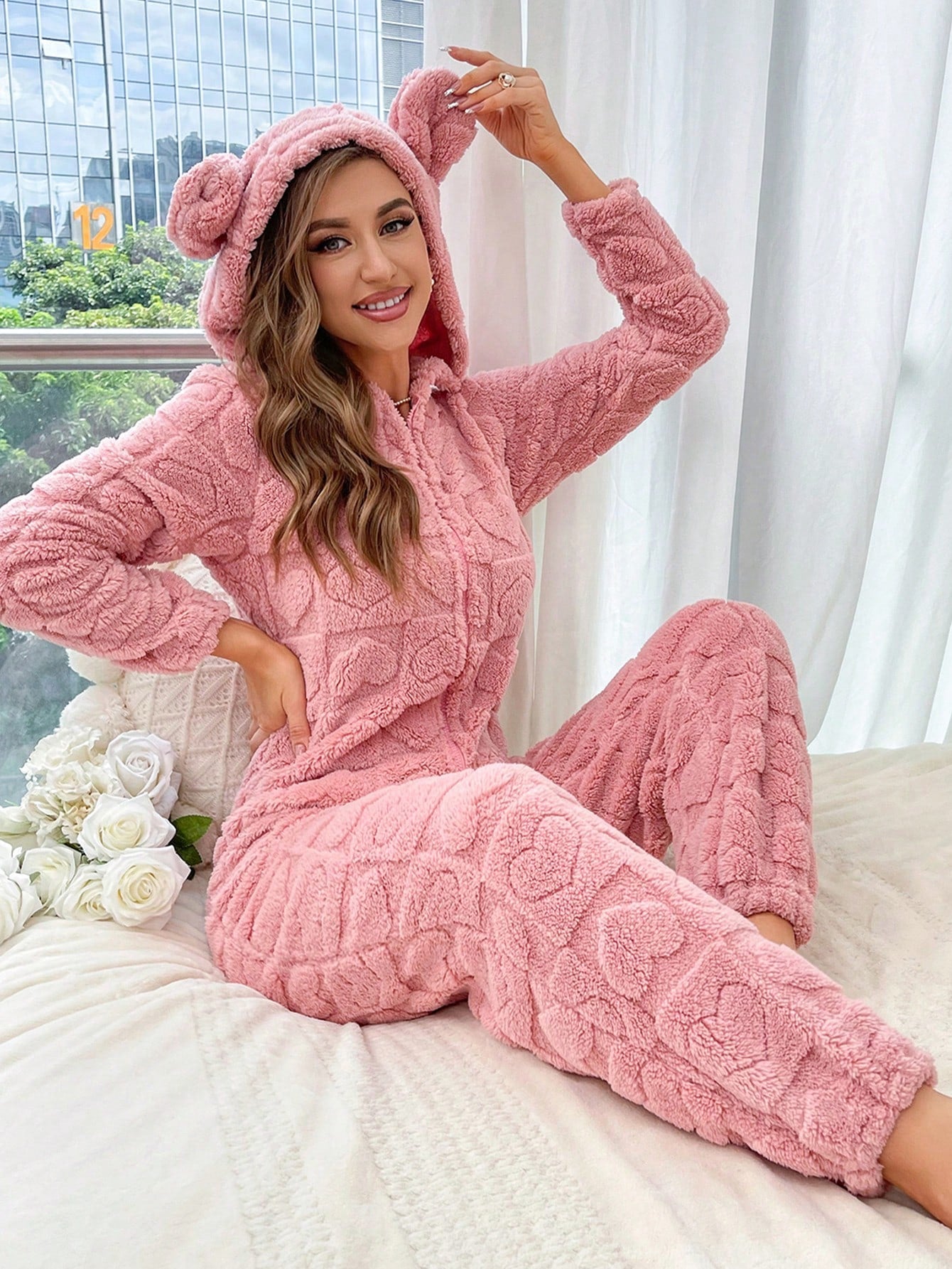 3D Ear Design Hooded Zipper Front Flannel Sleep Jumpsuit, for Fall Winter, Cozy Outfit, Fluffy