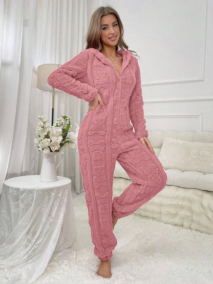 Plus Size Women Front Zipper Solid Color Long Sleeve Hooded Sleepwear Jumpsuit, for Fall Winter, Fluffy, Cozy