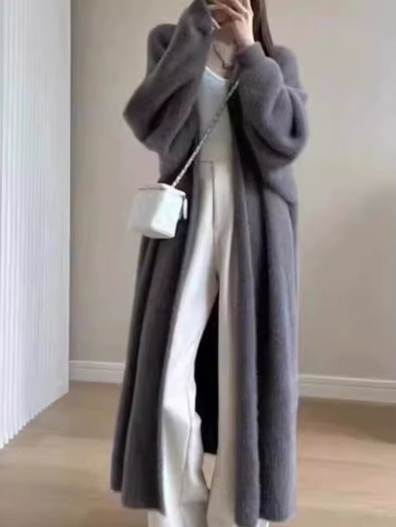 Autumn/Winter Lazy Style Warm Knee Length Thickened Women Cardigan Pure Imitation Mink Fleece Knitted Sweater Women's Coat