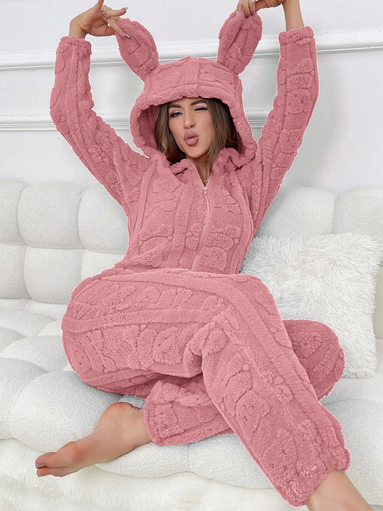 Plus Size Women Front Zipper Solid Color Long Sleeve Hooded Sleepwear Jumpsuit, for Fall Winter, Fluffy, Cozy