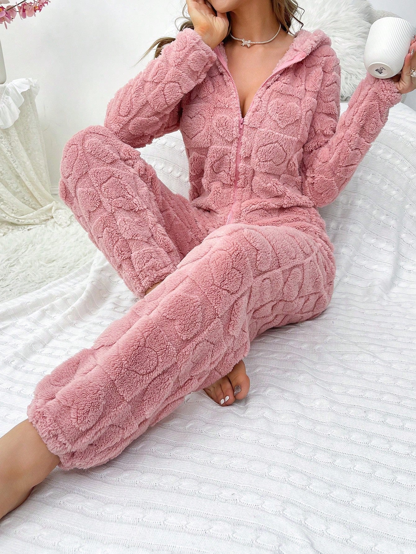 3D Ear Design Hooded Zipper Front Flannel Sleep Jumpsuit, for Fall Winter, Cozy Outfit, Fluffy