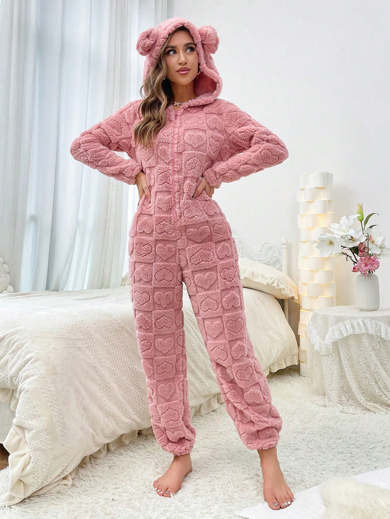 3D Ear Design Hooded Zipper Front Flannel Sleep Jumpsuit, for Fall Winter, Cozy Outfit, Fluffy