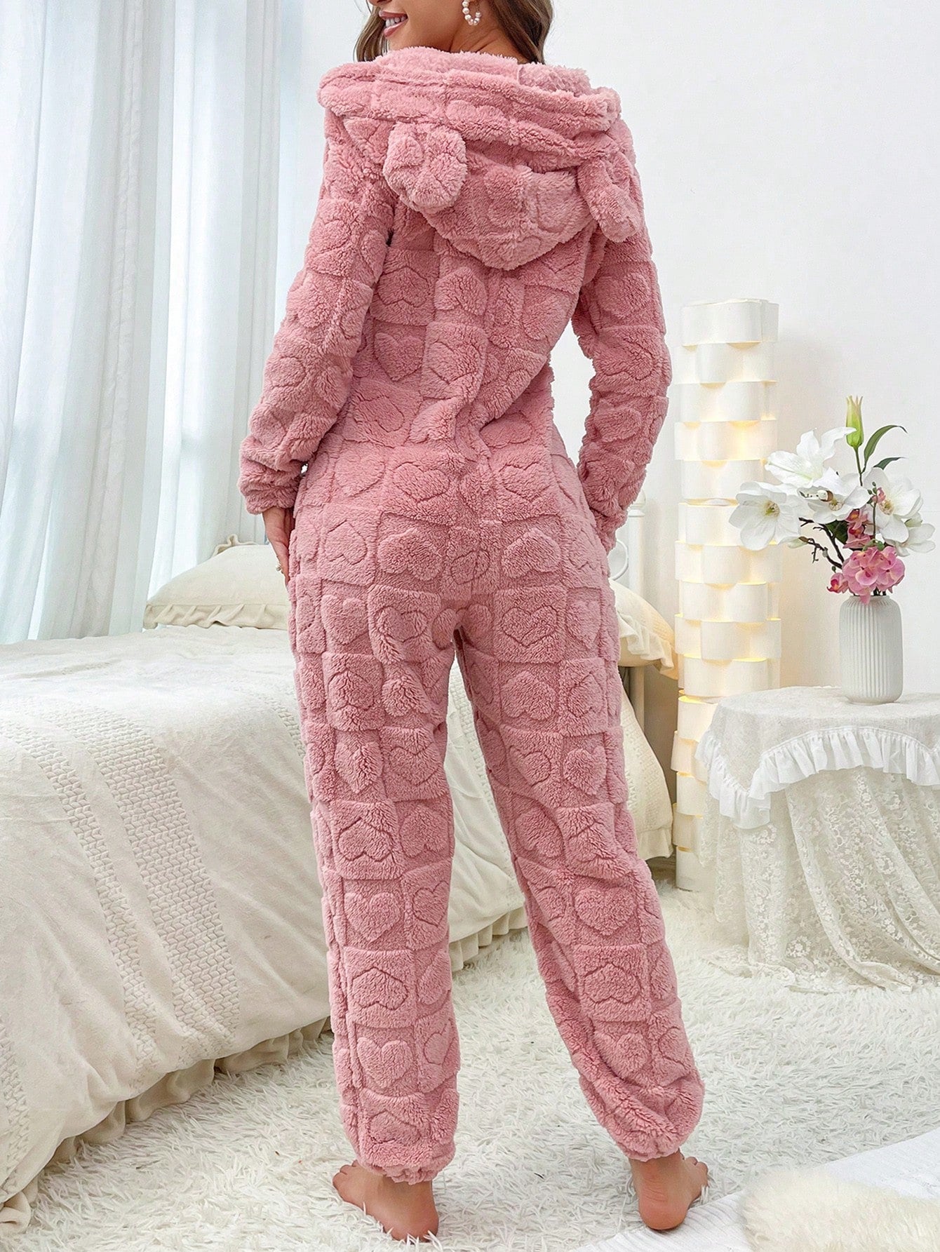 3D Ear Design Hooded Zipper Front Flannel Sleep Jumpsuit, for Fall Winter, Cozy Outfit, Fluffy