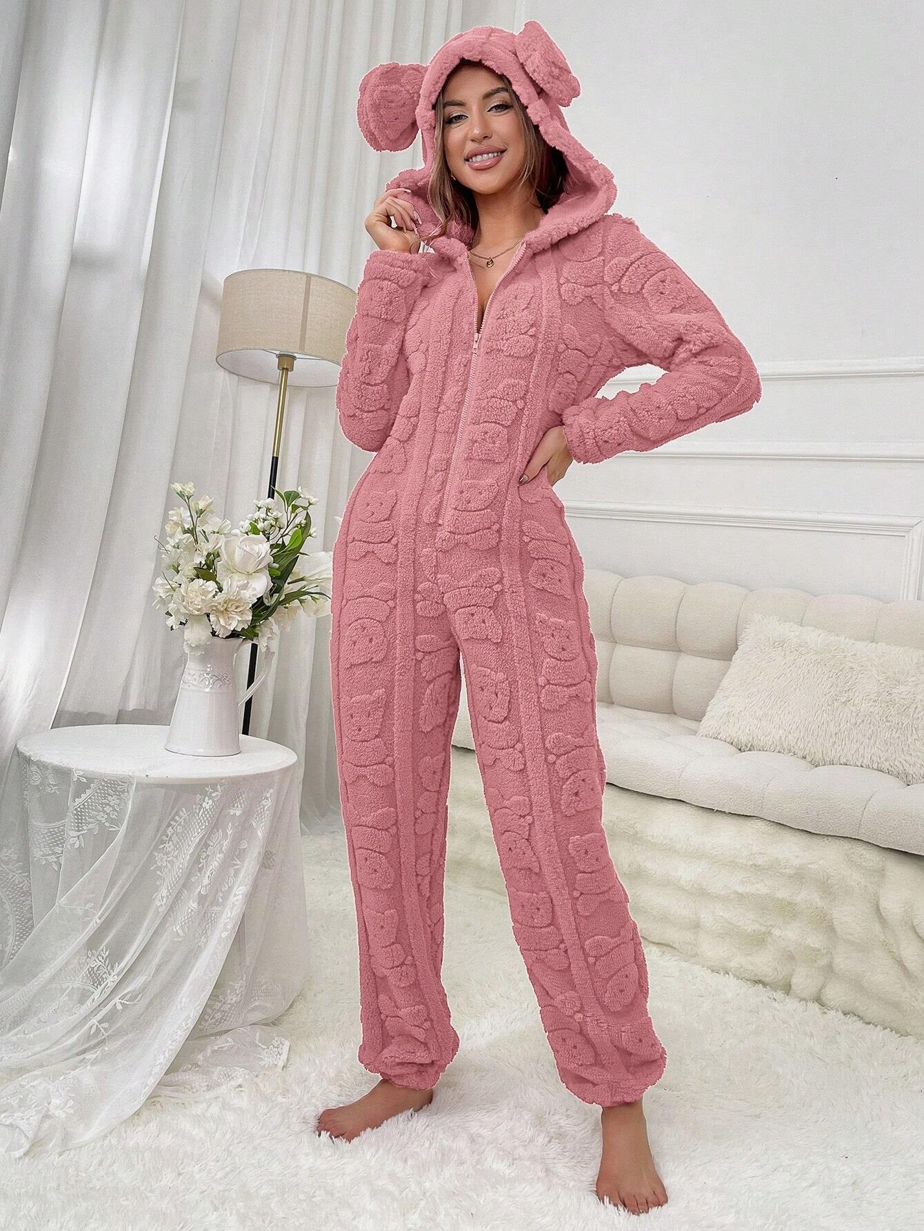Plus Size Women Front Zipper Solid Color Long Sleeve Hooded Sleepwear Jumpsuit, for Fall Winter, Fluffy, Cozy